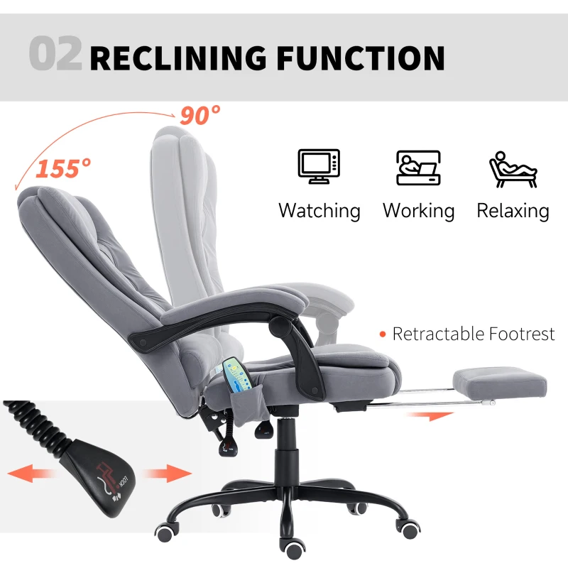 Vinsetto 7-Point Vibrating Massage Chair, Reclining Office Chair with Footrest, Reclining Back, Adjustable Height, Grey