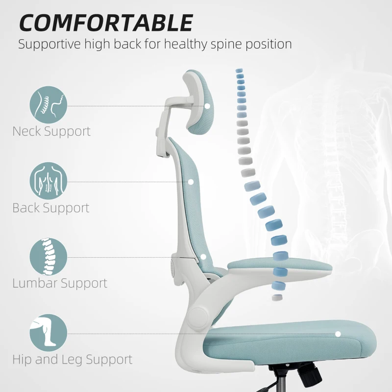 HOMCOM Ergonomic Mesh Office Chair, High Back Desk Chair with Rotatable Headrest, Flip-Up Armrests, Lumbar Support, Light Green