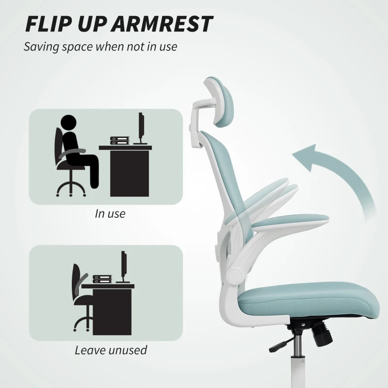 HOMCOM Ergonomic Office Chair, Mesh Desk Chair with Adjustable Headrest, Lumbar Support and Height, Tilt Function, Light Green