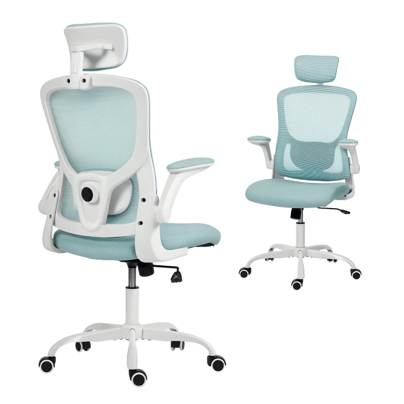 HOMCOM Ergonomic Office Chair, Mesh Desk Chair with Adjustable Headrest, Lumbar Support and Height, Tilt Function, Light Green