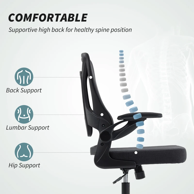 HOMCOM Ergonomic Office Chair, Swivel Desk Chair with Adjustable Lumbar Support and Height, Flip-up Armrests, Wheels, Black