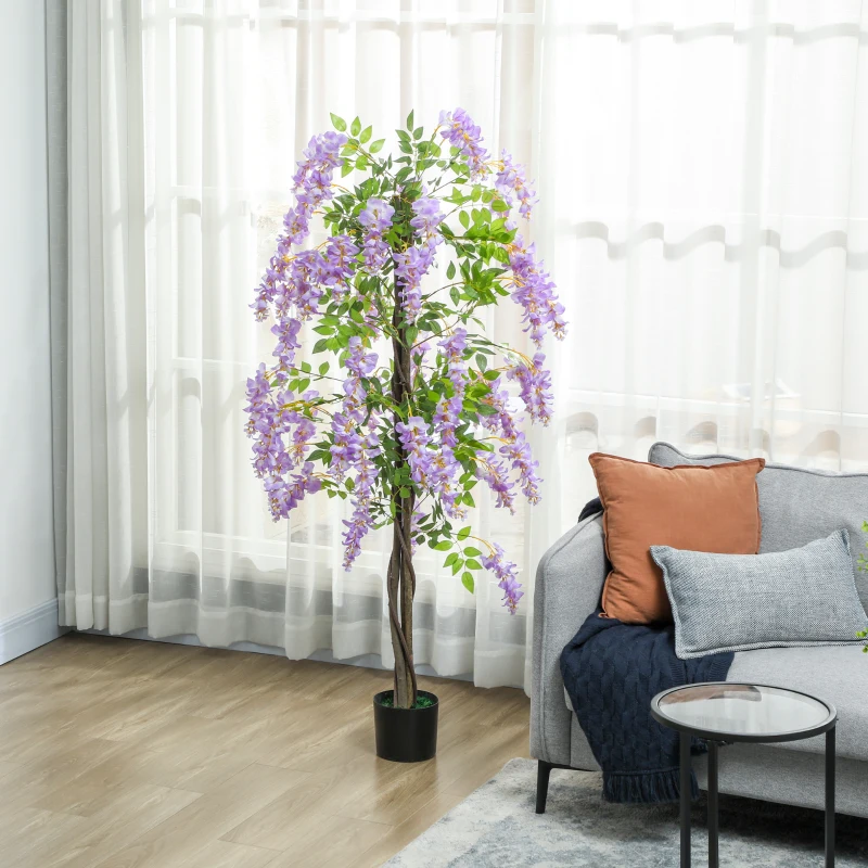 HOMCOM 5.9FT Fake Wisteria Tree with Natural Wood Trunk, Artificial Plant in Nursery Pot, Greenery Tall Faux Floor Plant Purple