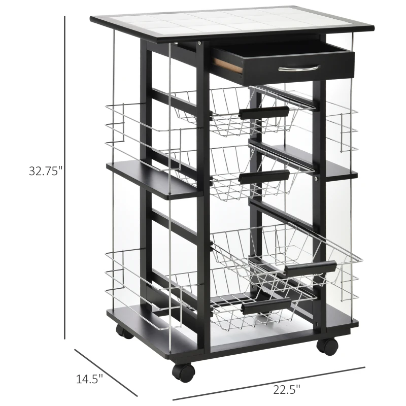 HOMCOM 4-Tier Kitchen Trolley Cart on Rolling Wheels with 4 Removable Baskets, 4 Side Rack  Organizer,Ceramics Tile Top