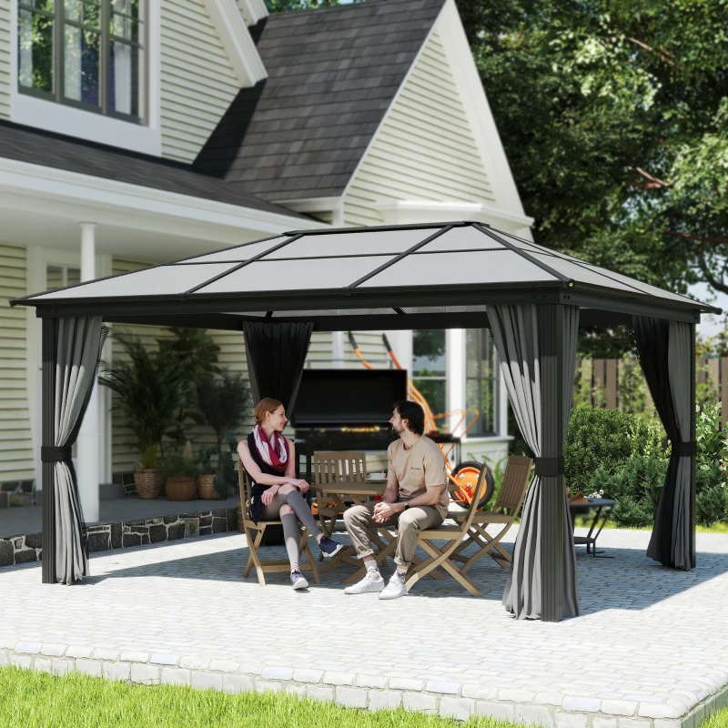 Outsunny 12' x 15' Hardtop Gazebo Canopy with Polycarbonate Roof, Aluminum Frame, Netting, Curtains and Ceiling Hook, Dark Grey