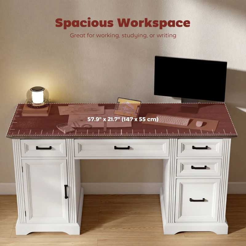 HOMCOM 58" Home Office Desk with Soft-Close Drawers, Farmhouse Executive Desk with File Drawer for Letter Size, White