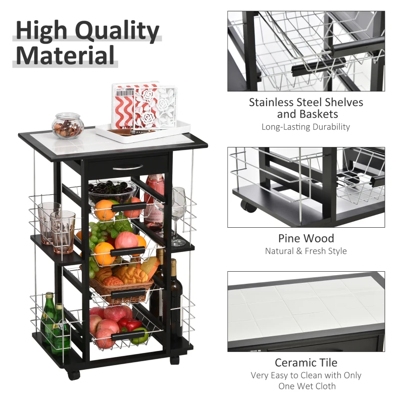 HOMCOM 4-Tier Kitchen Trolley Cart on Rolling Wheels with 4 Removable Baskets, 4 Side Rack  Organizer,Ceramics Tile Top