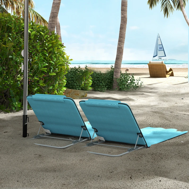 Outsunny 2 Pieces Beach Lounge Chair, Outdoor Folding Chaise Lounge Set w/ Pillow for Sunbath, Snap, Blue