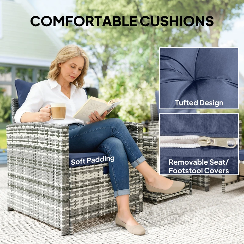 Outsunny 5 Piece Patio Furniture Set, Wicker Patio Chairs with Ottomans, 2-Tier Glass Coffee Table and Cushions, Grey/Dark Blue