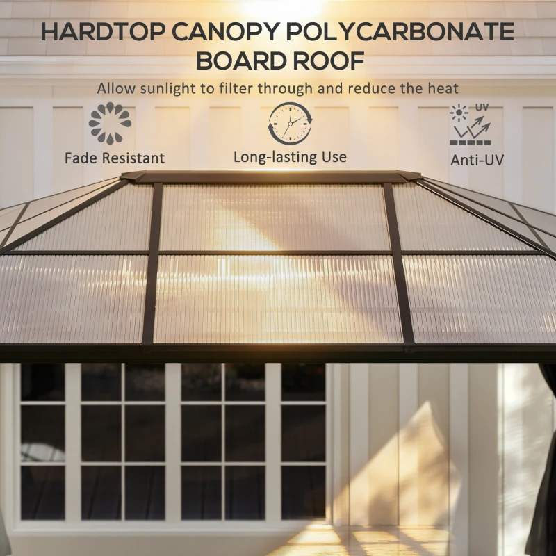 Outsunny 12' x 15' Hardtop Gazebo Canopy with Polycarbonate Roof, Aluminum Frame, Netting, Curtains and Ceiling Hook, Dark Grey