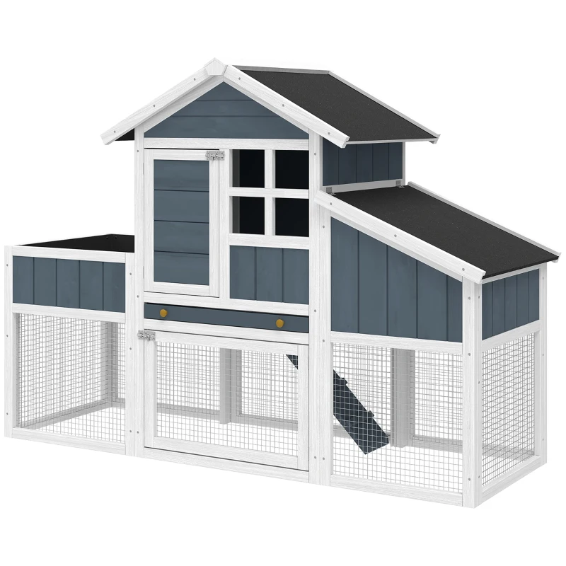 PawHut 63" Wooden Chicken Coop with Garden Bed, Small Outdoor Hen House with Nesting Box Removable Tray, Ramps Run, for Garden Backyard, Storm Gray