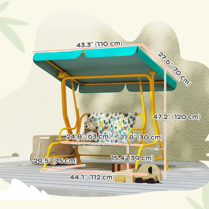 Qaba Kids Porch Swing, 2-Seater Patio Swing Bench with Safety Belts, Adjustable Canopy for Backyard, Garden, Green