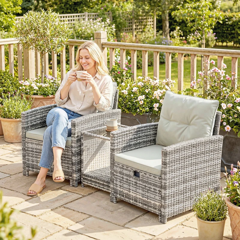 Outsunny 5 Piece Patio Furniture Set, Wicker Patio Chairs with Ottomans, 2-Tier Glass Coffee Table and Cushions, Grey/Cream White