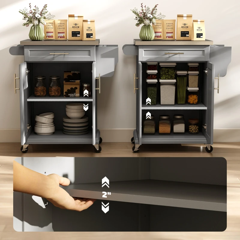 HOMCOM Kitchen Island on Wheels, Rolling Kitchen Cart with Stainless Steel Countertop, Drawer, Towel Rack and Spice Rack, Utility Storage Trolley, Gray