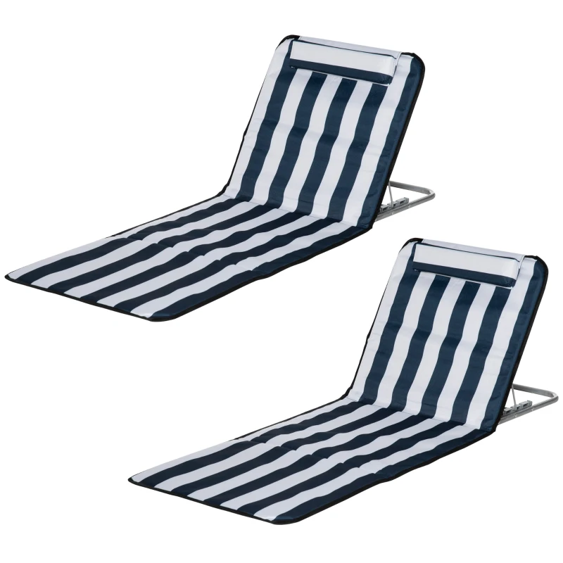 Outsunny 2 Pieces Beach Lounge Chair, Outdoor Folding Chaise Lounge Set w/ Pillow for Sunbath, Snap, Blue and White