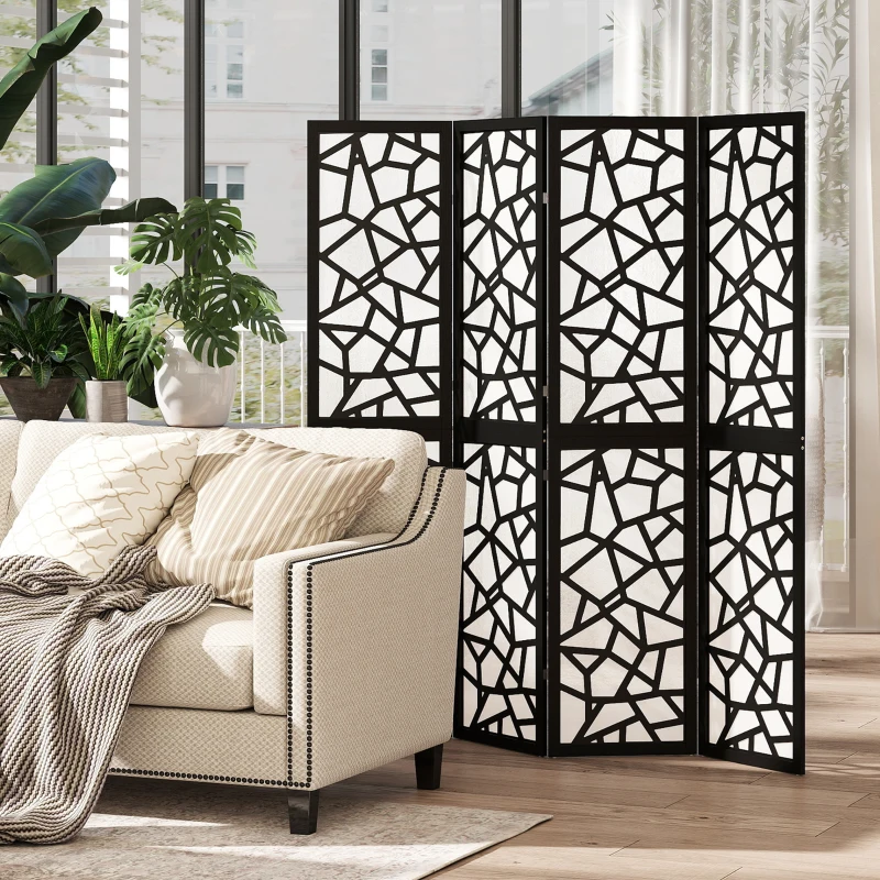 HOMCOM 4 Panel Room Divider, 5.6 FT Lightweight Folding Privacy Screen with Geometric Pattern for Living Room, Bedroom, Black