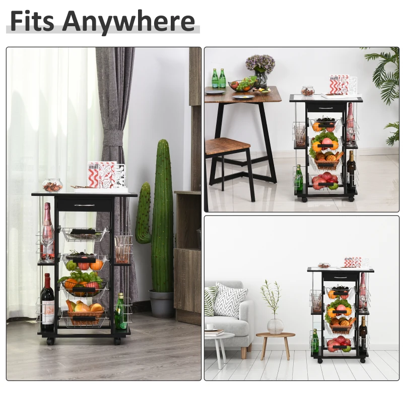 HOMCOM 4-Tier Kitchen Trolley Cart on Rolling Wheels with 4 Removable Baskets, 4 Side Rack  Organizer,Ceramics Tile Top