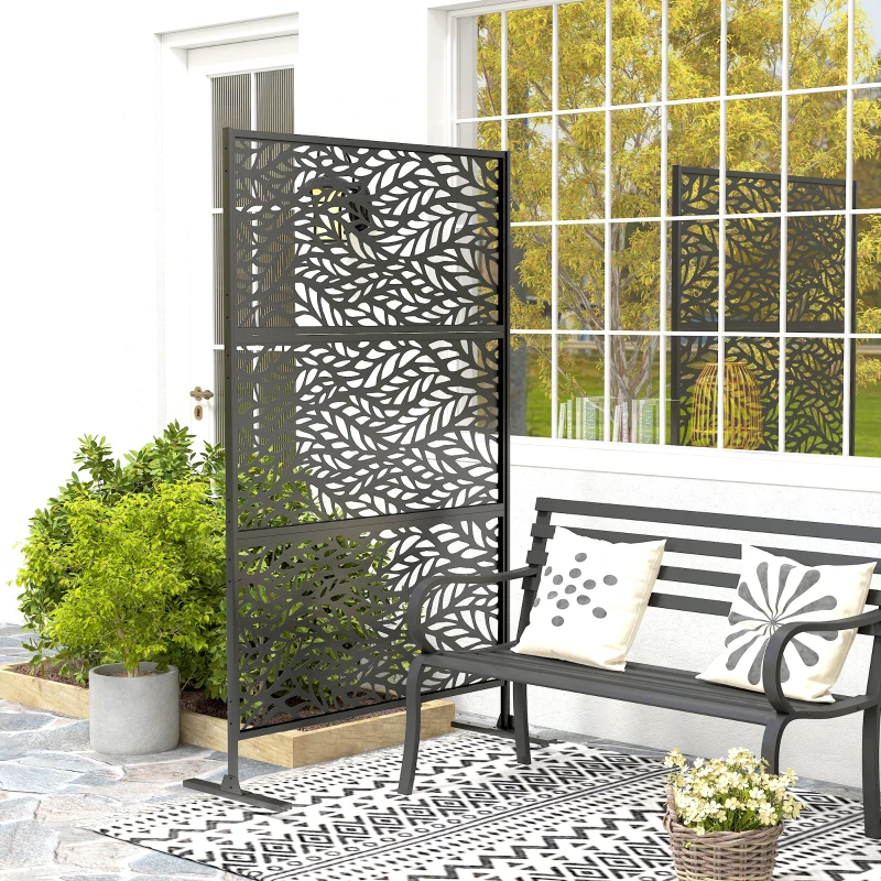 Outsunny Metal Outdoor Privacy Screen, Freestanding Outdoor Divider with Stand, 78" x 48", Black