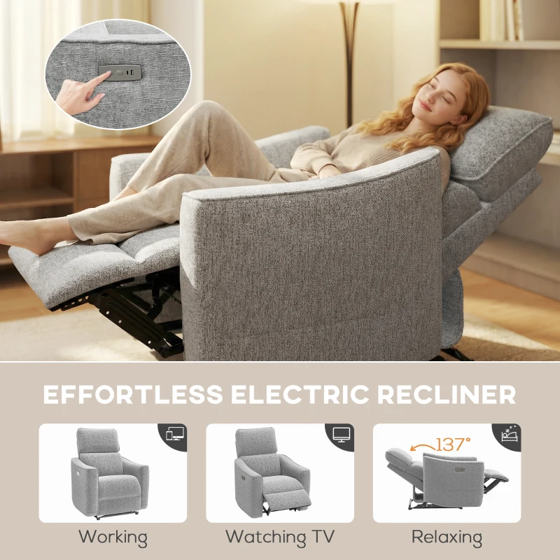 HOMCOM Power Recliner Chair, Linen-look Fabric Upholstered Recliner Chair with USB Ports, Footrest, Grey