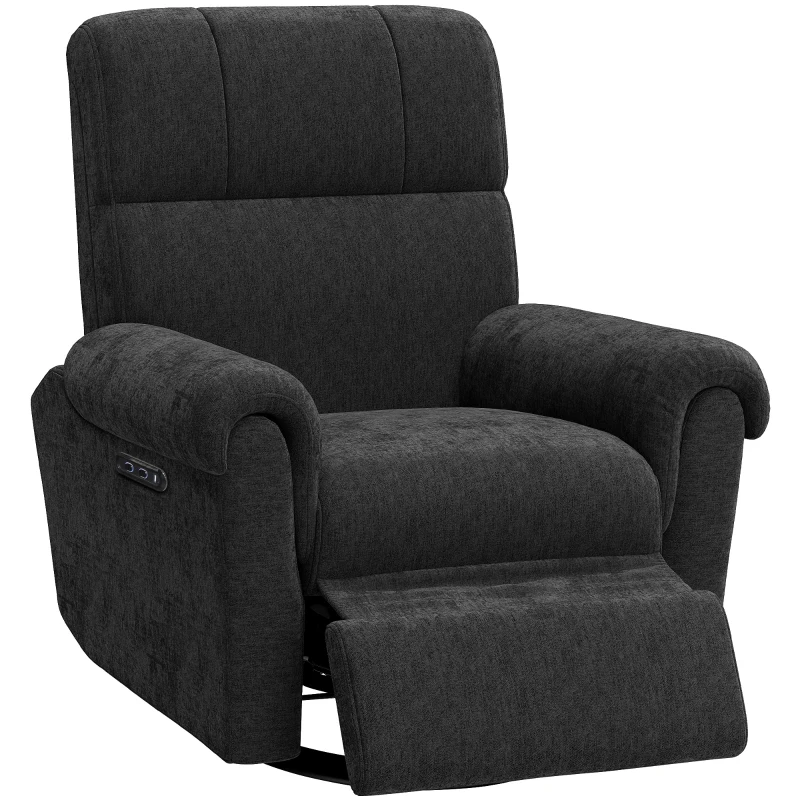 HOMCOM Power Recliner Chair, Fabric Upholstered Recliner Chair with USB Ports, Swivel and Rocking Function, Footrest, Black