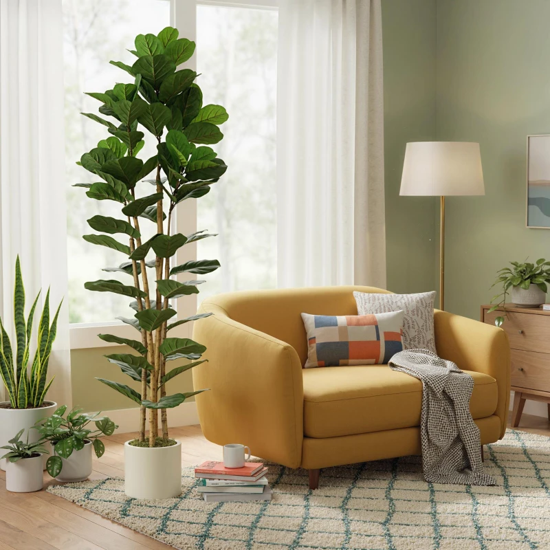 HOMCOM 6FT Artificial Fiddle Leaf Fig Tree, Fake Potted Tree with Solid Wood Trunks and Lifelike Leaves for Indoor Decor, Green
