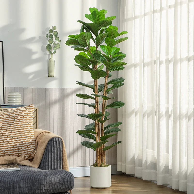 HOMCOM 6FT Artificial Fiddle Leaf Fig Tree, Fake Potted Tree with Solid Wood Trunks and Lifelike Leaves for Indoor Decor, Green