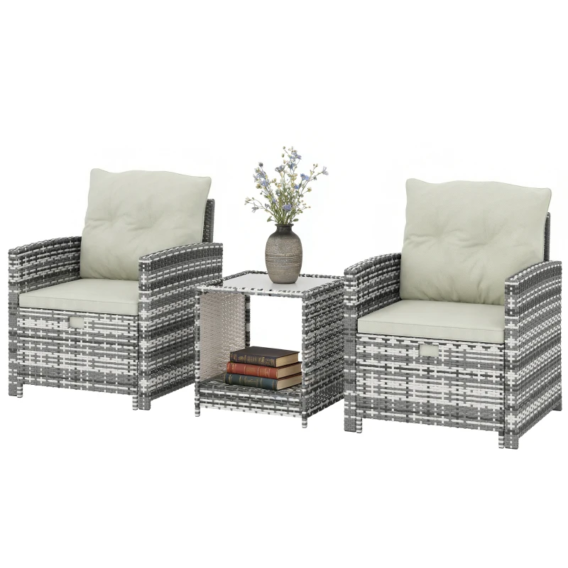 Outsunny 5 Piece Patio Furniture Set, Wicker Patio Chairs with Ottomans, 2-Tier Glass Coffee Table and Cushions, Grey/Cream White