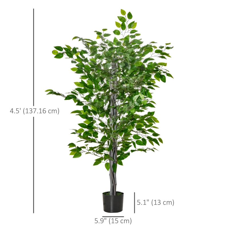 HOMCOM 4.5ft Ficus Artificial Plant with Realistic Leaves, Potted Fake Tree for Home Office Indoor Decor, Green