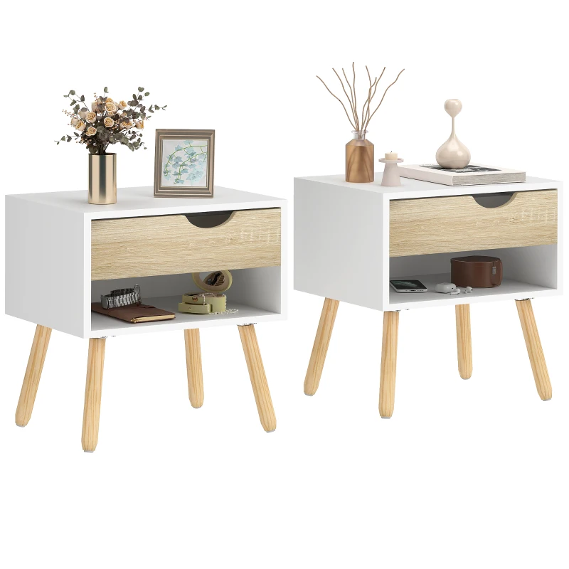 HOMCOM Set of 2 Bedside Table with Drawer and Shelf, Modern Nightstand with Wooden Legs, End Table for Bedroom, White