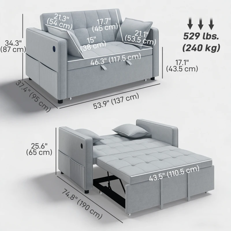 HOMCOM 3‑in‑1 Convertible Sofa Bed, Pull Out Sleeper Sofa with USB Charging, Adjustable Backrest, Side Pockets, Light Grey