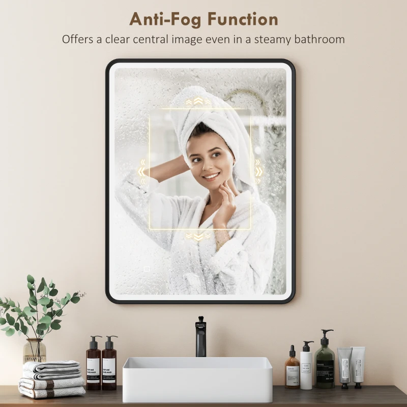 HOMCOM 36" x 28" Bath Mirror with LED Lights, Wall Mounted Restroom Mirror, 3 Colours, Dimmable, Horizontal/Vertical, Black