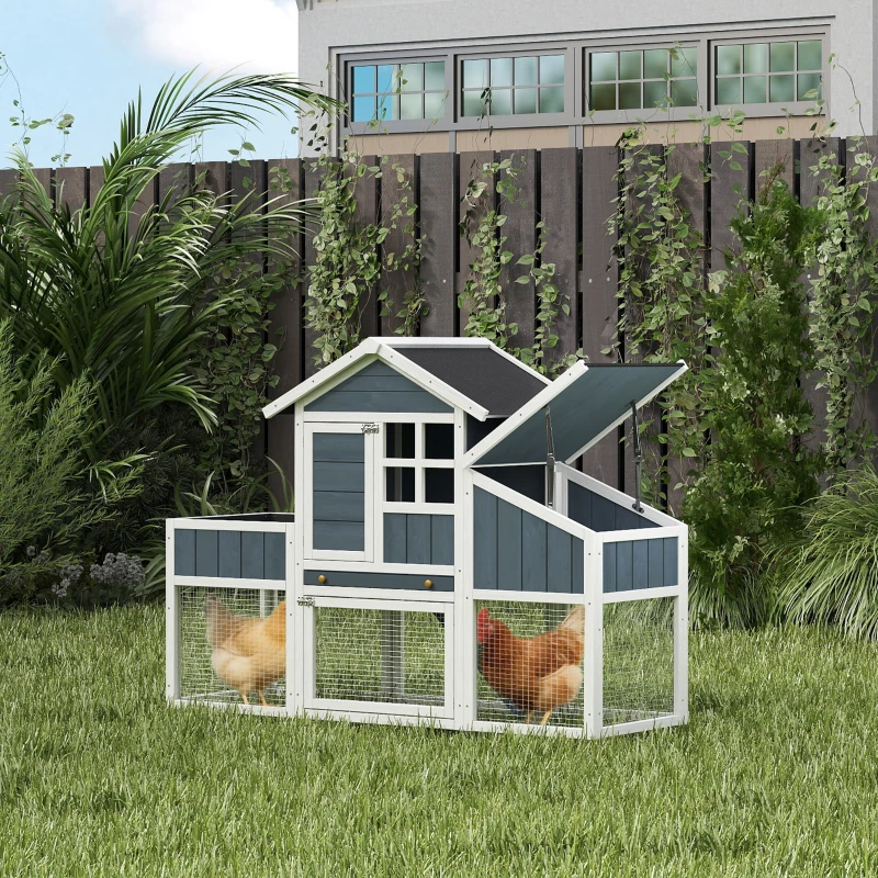 PawHut 63" Wooden Chicken Coop with Garden Bed, Small Outdoor Hen House with Nesting Box Removable Tray, Ramps Run, for Garden Backyard, Storm Gray