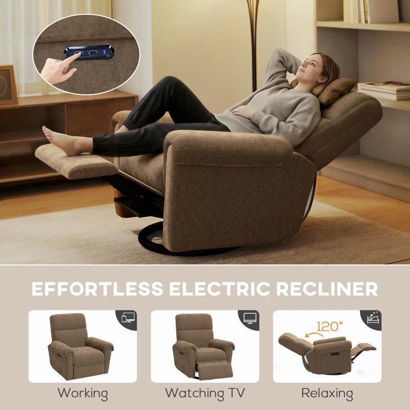 HOMCOM Power Recliner Chair, Fabric Upholstered Recliner Chair with USB Ports, Swivel and Rocking Function, Footrest