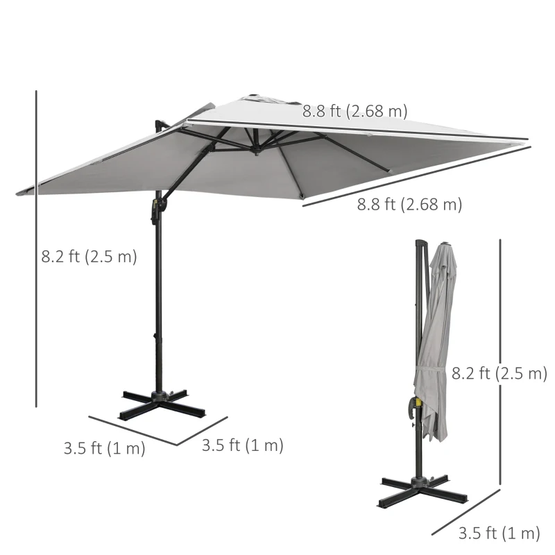 Outsunny 9ft Cantilever Patio Umbrella, Square Overhanging Umbrella with Cross Base, Crank Handle, Tilt Light Grey