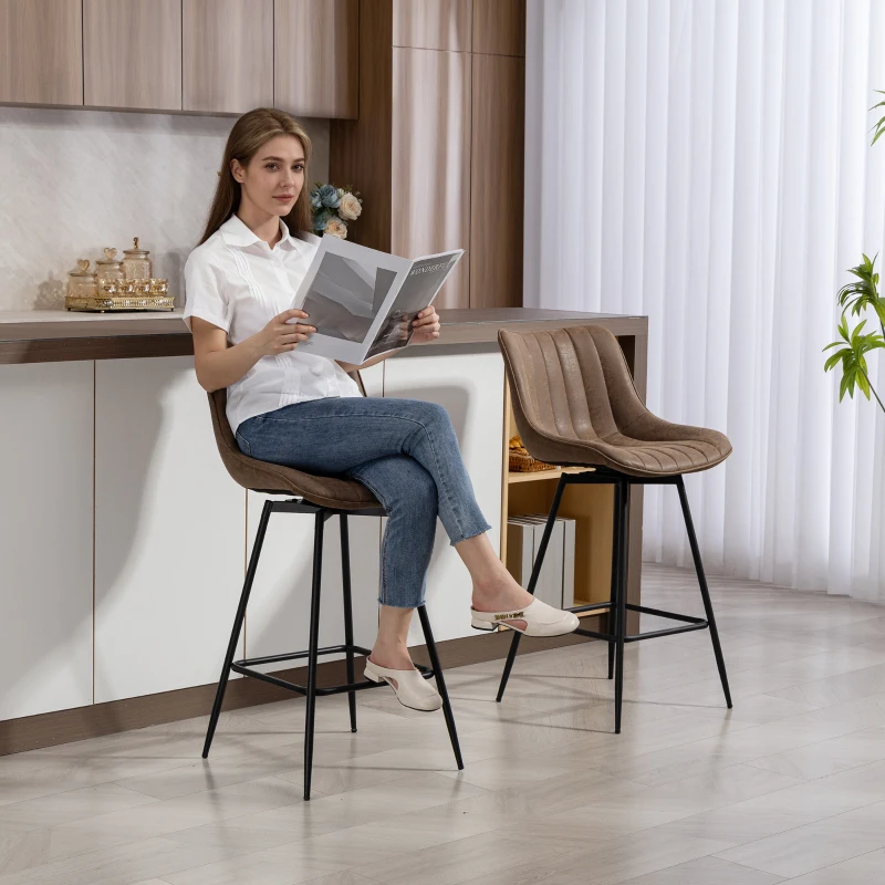 HOMCOM Set of 2 Counter Height Barstools, PU Leather Upholstered Bar Stools with Backrest, Footrest and Steel Legs, Brown
