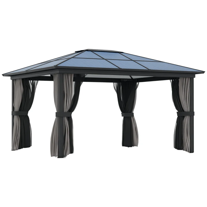 Outsunny 12' x 15' Hardtop Gazebo Canopy with Polycarbonate Roof, Aluminum Frame, Netting, Curtains and Ceiling Hook, Dark Grey