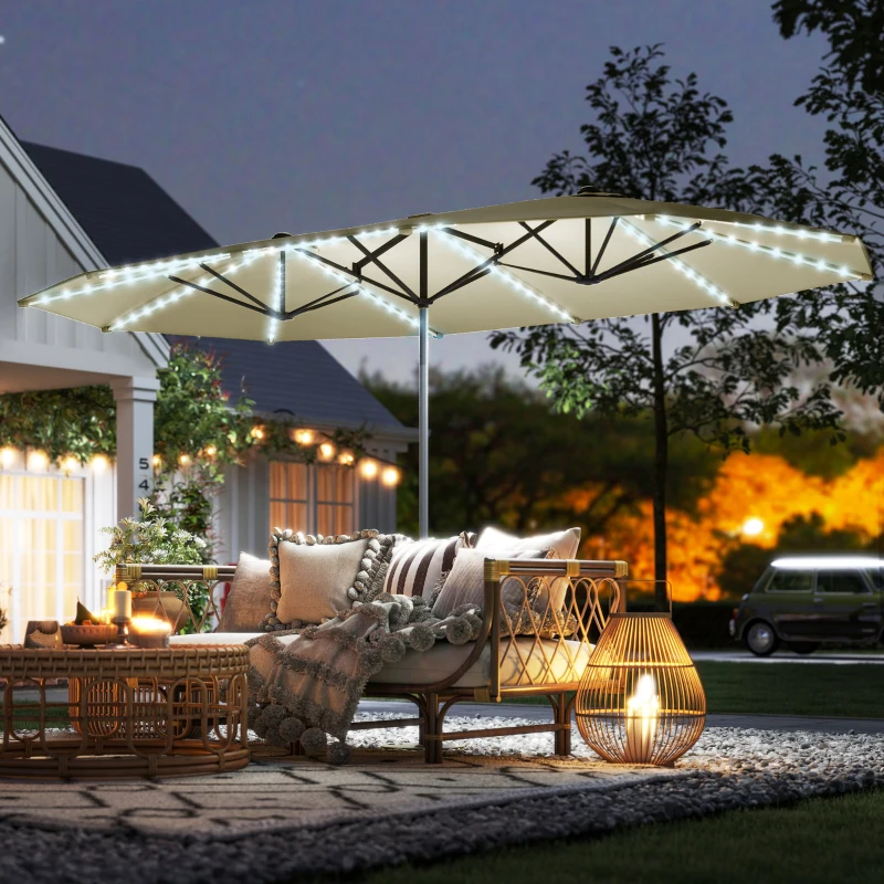 Outsunny 15ft Double-Sided Outdoor Umbrella with Solar Lights, UPF50+ Extra Large Aluminum Patio Umbrella with Crank, Cream White