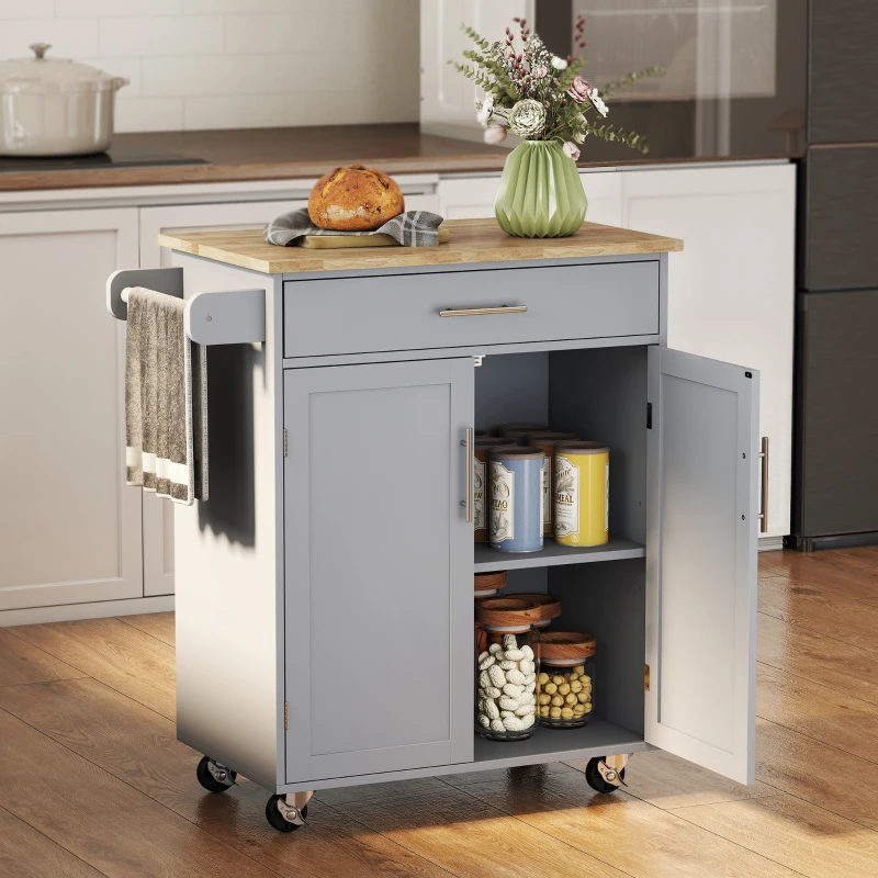 HOMCOM Kitchen Island Cart, Rolling Island Table with Solid Wood Top, Trolley Cart with Drawer, Storage Cabinet & Towel Rack, Gray