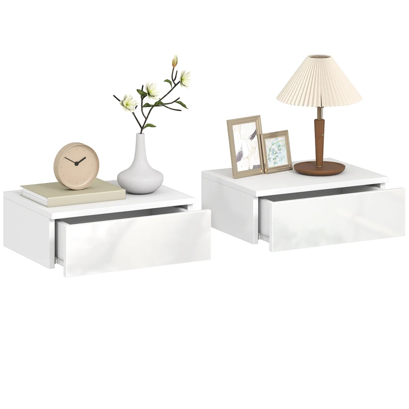 HOMCOM Set of 2 Wall Mounted Bedside Tables, High Gloss Floating Nightstands with Drawer for Bedroom, White