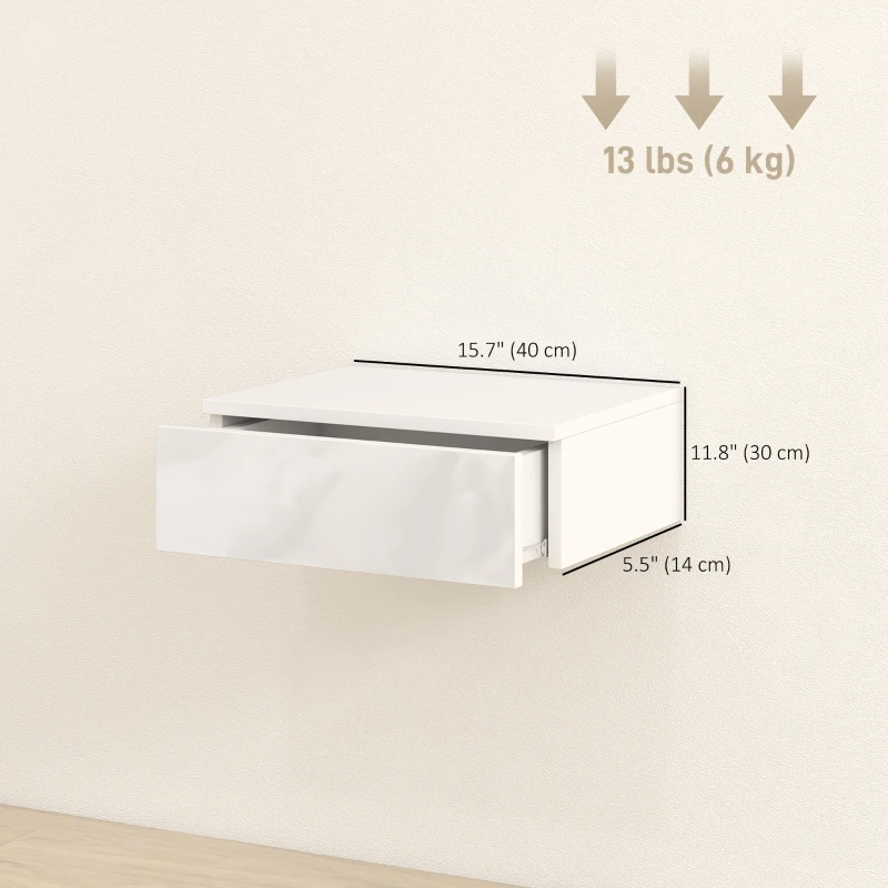 HOMCOM Set of 2 Wall Mounted Bedside Tables, High Gloss Floating Nightstands with Drawer for Bedroom, White