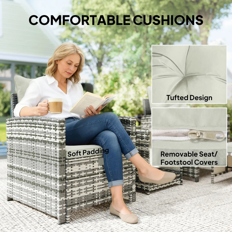 Outsunny 5 Piece Patio Furniture Set, Wicker Patio Chairs with Ottomans, 2-Tier Glass Coffee Table and Cushions, Grey/Cream White