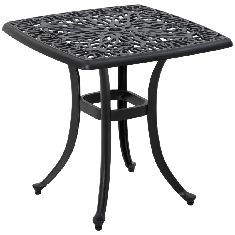 Outsunny 21" Square Outdoor End Table, Cast Aluminum Patio Side Table with Umbrella Hole for Garden, Balcony, Poolside, Black