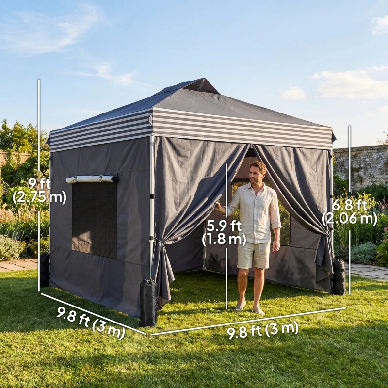 Outsunny 10 x 10 ft Pop Up Canopy Tent with 4 Sidewalls, UPF 50+ 1-Button Push Outdoor Instant Canopy with Wheeled Bag, Dark Grey