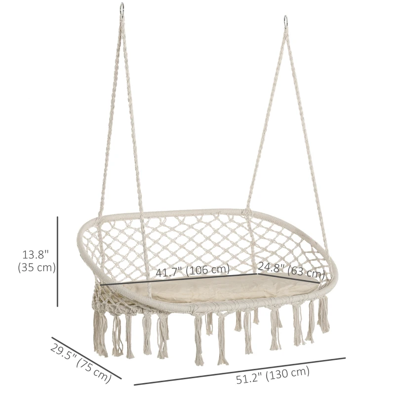 Outsunny Patio Hammock Chair 2 Seat, Hanging Rope Hammock Swing Chair with Metal Frame and Cushion, Large Macrame Seat for Indoor and Outdoor 396 lbs Capacity, Cream White
