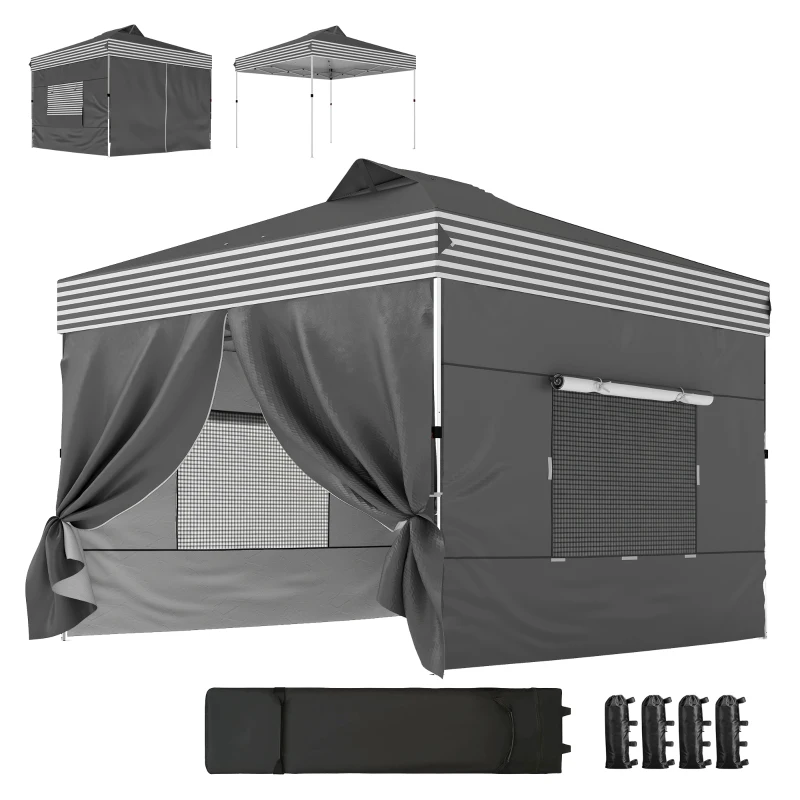 Outsunny 10 x 10 ft Pop Up Canopy Tent with 4 Sidewalls, UPF 50+ 1-Button Push Outdoor Instant Canopy with Wheeled Bag, Dark Grey