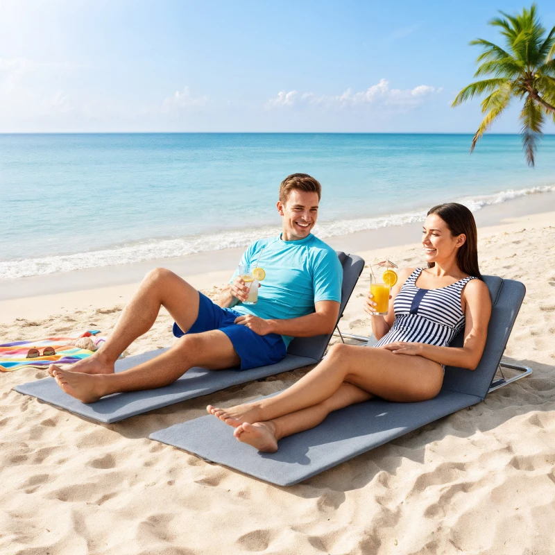 Outsunny 2 Pieces Beach Lounge Chair, Outdoor Folding Chaise Lounge Set w/ Pillow for Sunbath, Snap, Grey