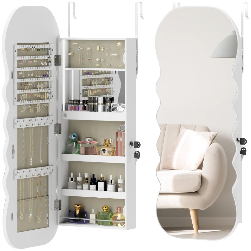 HOMCOM Jewelry Armoire Cabinet with Lights, Wall Mounted or Door Hanging Mirror Jewelry Cabinet with Full Length Mirror, White