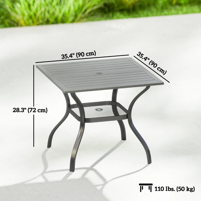 Outsunny Outdoor Dining Table for 4, Square Patio Table with Umbrella Hole, Shelf, Slatted Faux Wood Steel Top, Grey