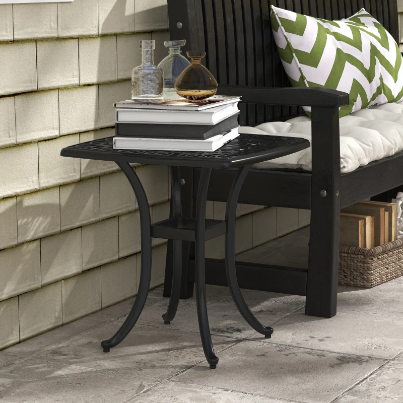 Outsunny 21" Square Outdoor End Table, Cast Aluminum Patio Side Table with Umbrella Hole for Garden, Balcony, Poolside, Black