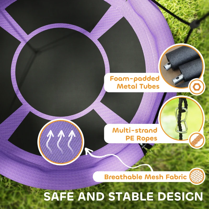 Qaba 100cm Diameter Nest Seat for Kids with Height Adjustable Hanging Ropes for Outdoor, Playground, Garden, Purple
