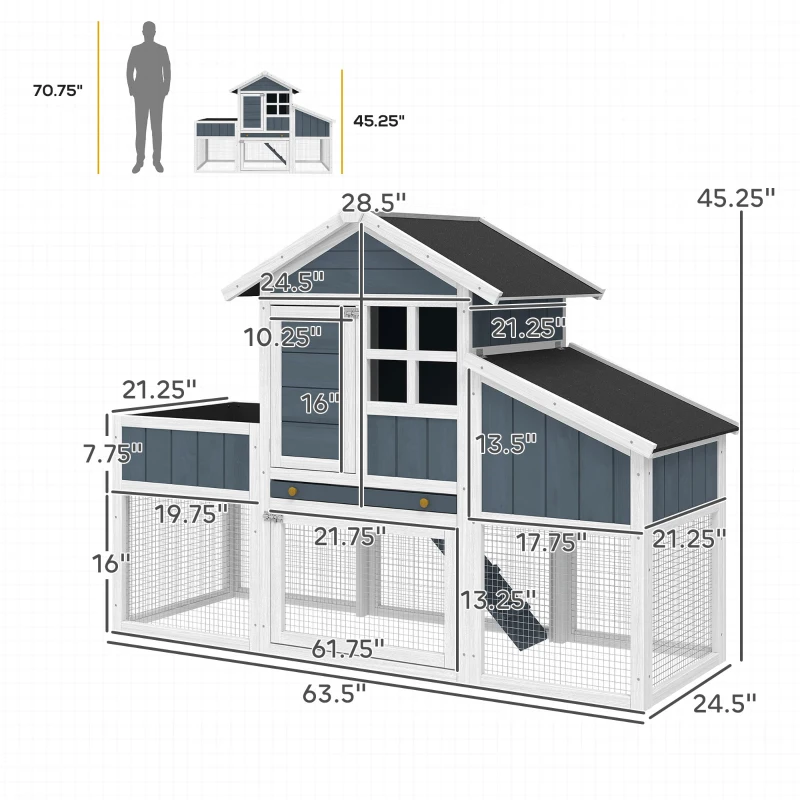 PawHut 63" Wooden Chicken Coop with Garden Bed, Small Outdoor Hen House with Nesting Box Removable Tray, Ramps Run, for Garden Backyard, Storm Gray